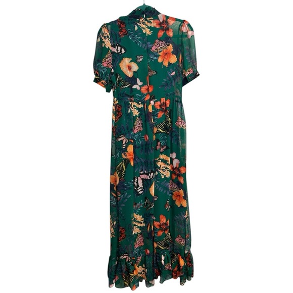 Green Floral Butterflies Mock Neck Sheer Short Sleeve Ruffle Maxi Dress Small - Picture 5 of 10